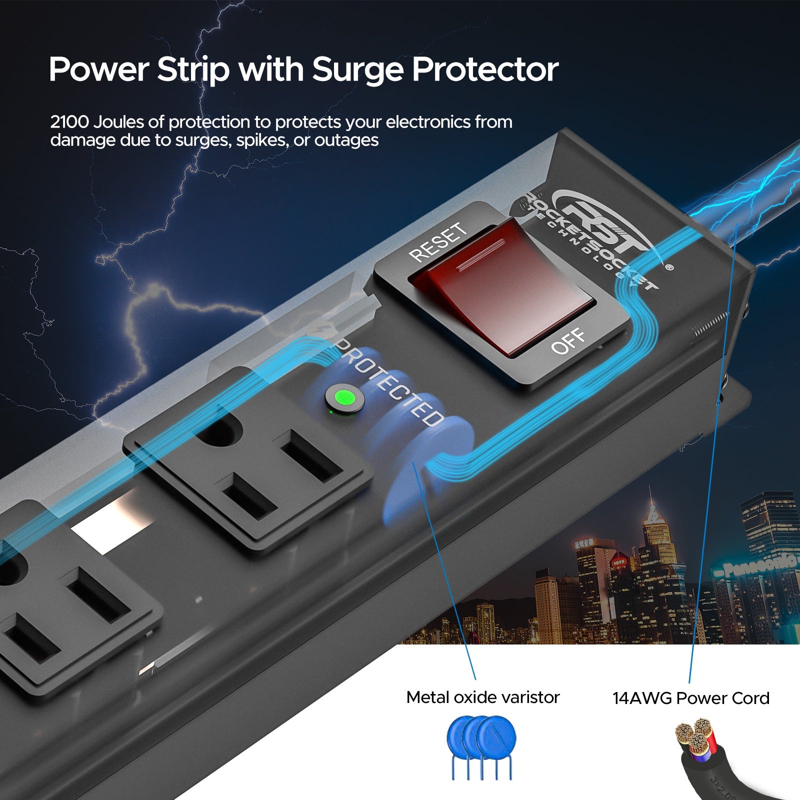 CRST 6 Outlets Wide Spaced Mountable Metal Power Strip Surge Protector, 6FT Flat Plug Power Cord, Mounting Kits Included-4