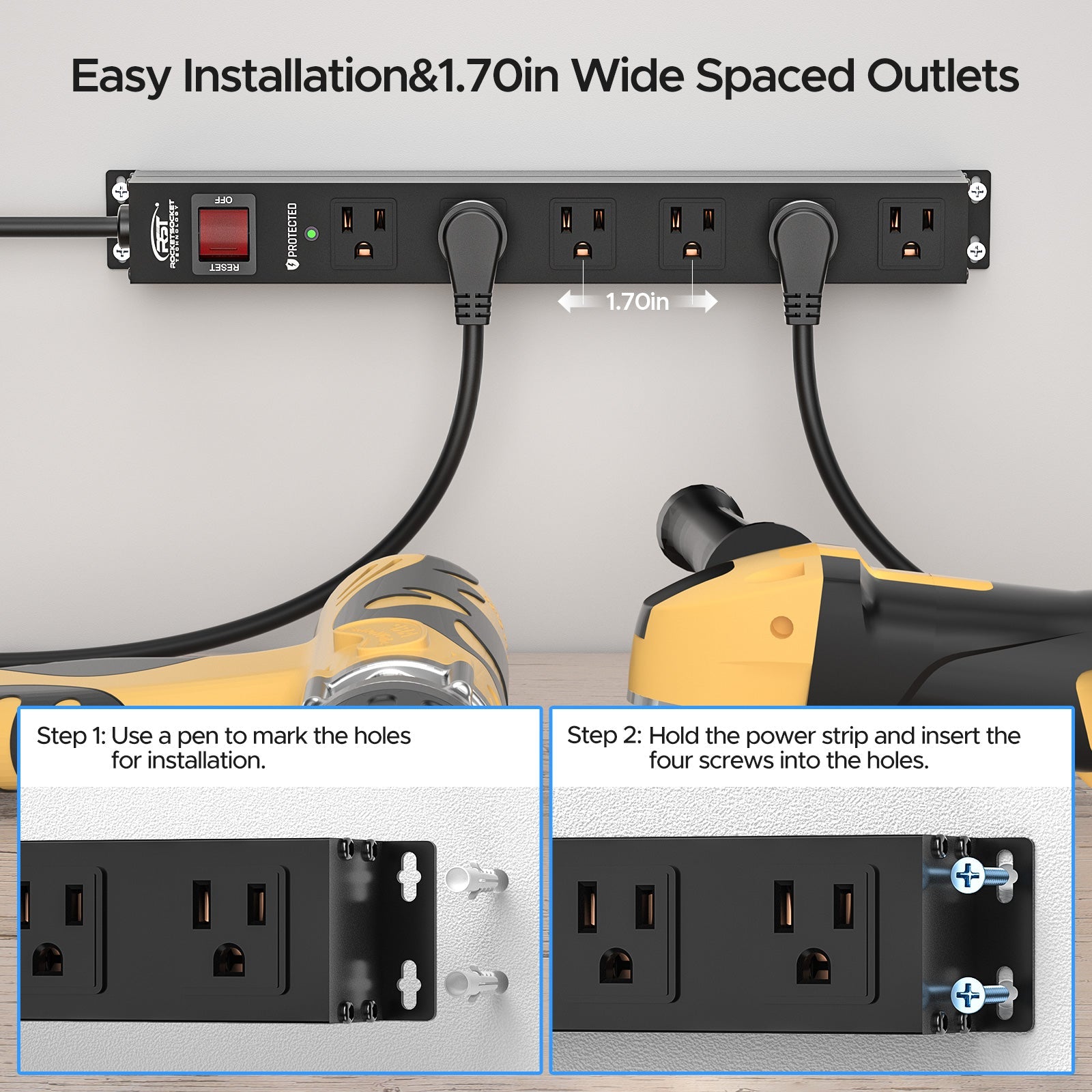CRST 6 Outlets Wide Spaced Mountable Metal Power Strip Surge Protector, 6FT Flat Plug Power Cord, Mounting Kits Included-3